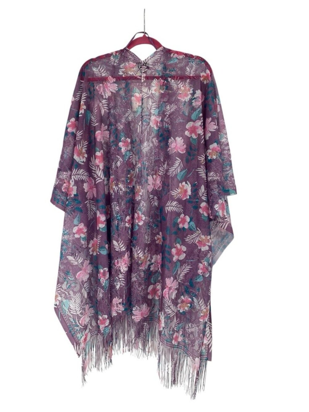 David & Young Purple Lightweight Floral Beach Cover Up Fringe One Size NWT - Picture 2 of 10